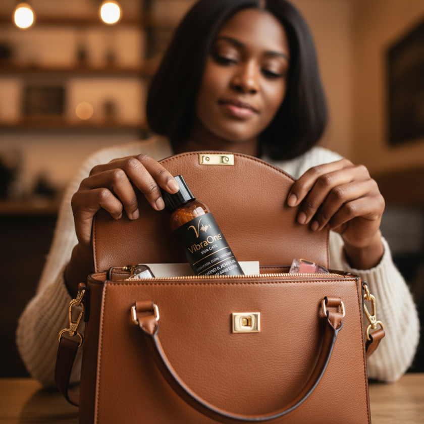 Handbag lifestyle image with VibraOne lotion