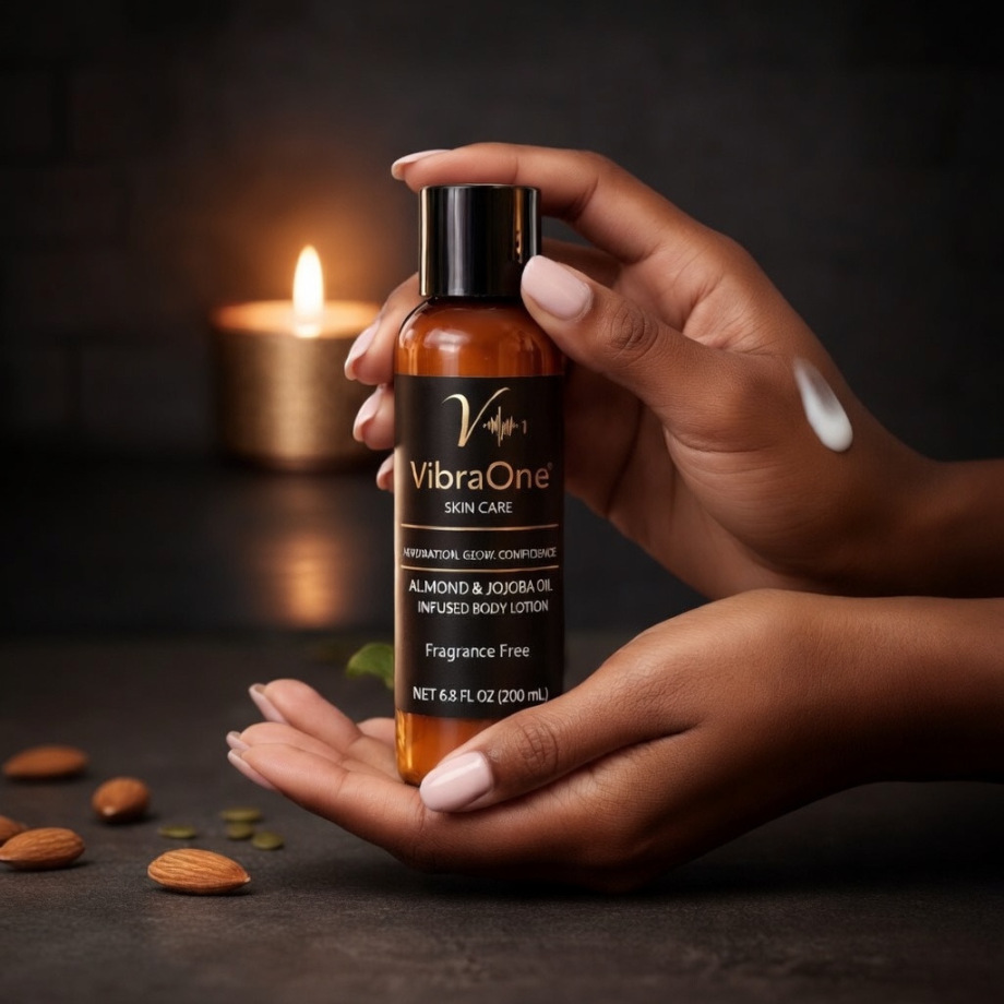 Hands holding VibraOne hand lotion bottle